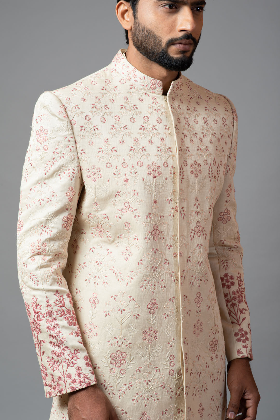 Floral embroidered aari work sherwani with pant pajama