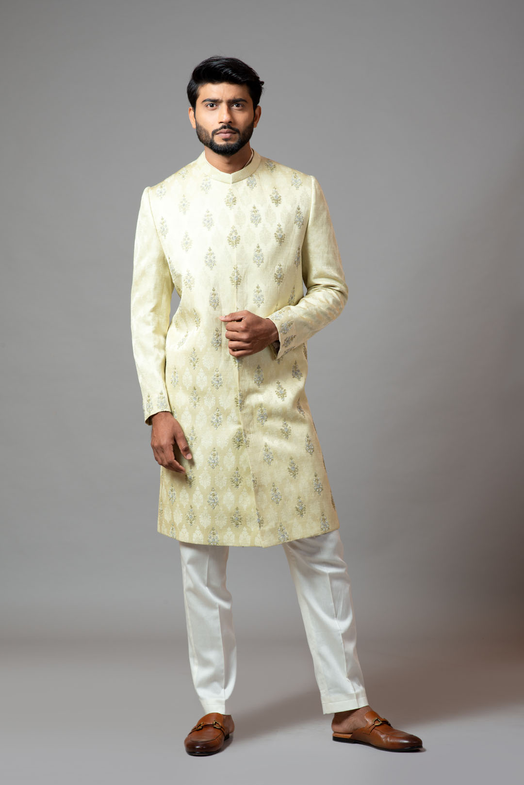 Self textured embroidered sherwani