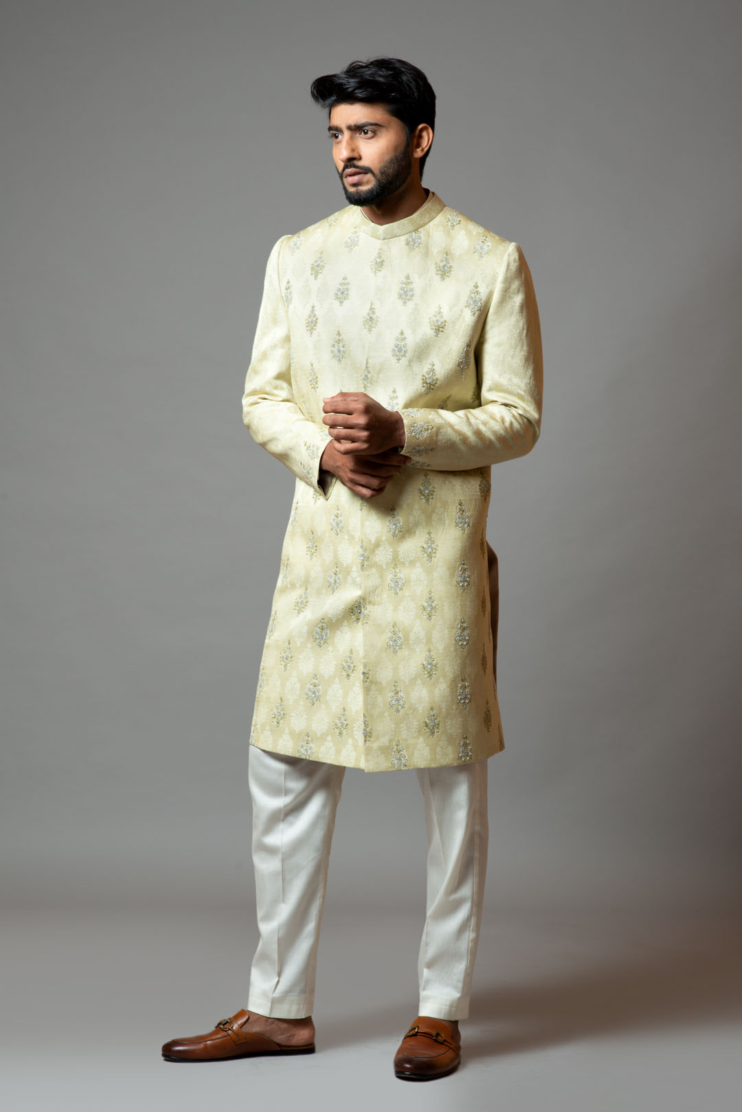 Self textured embroidered sherwani