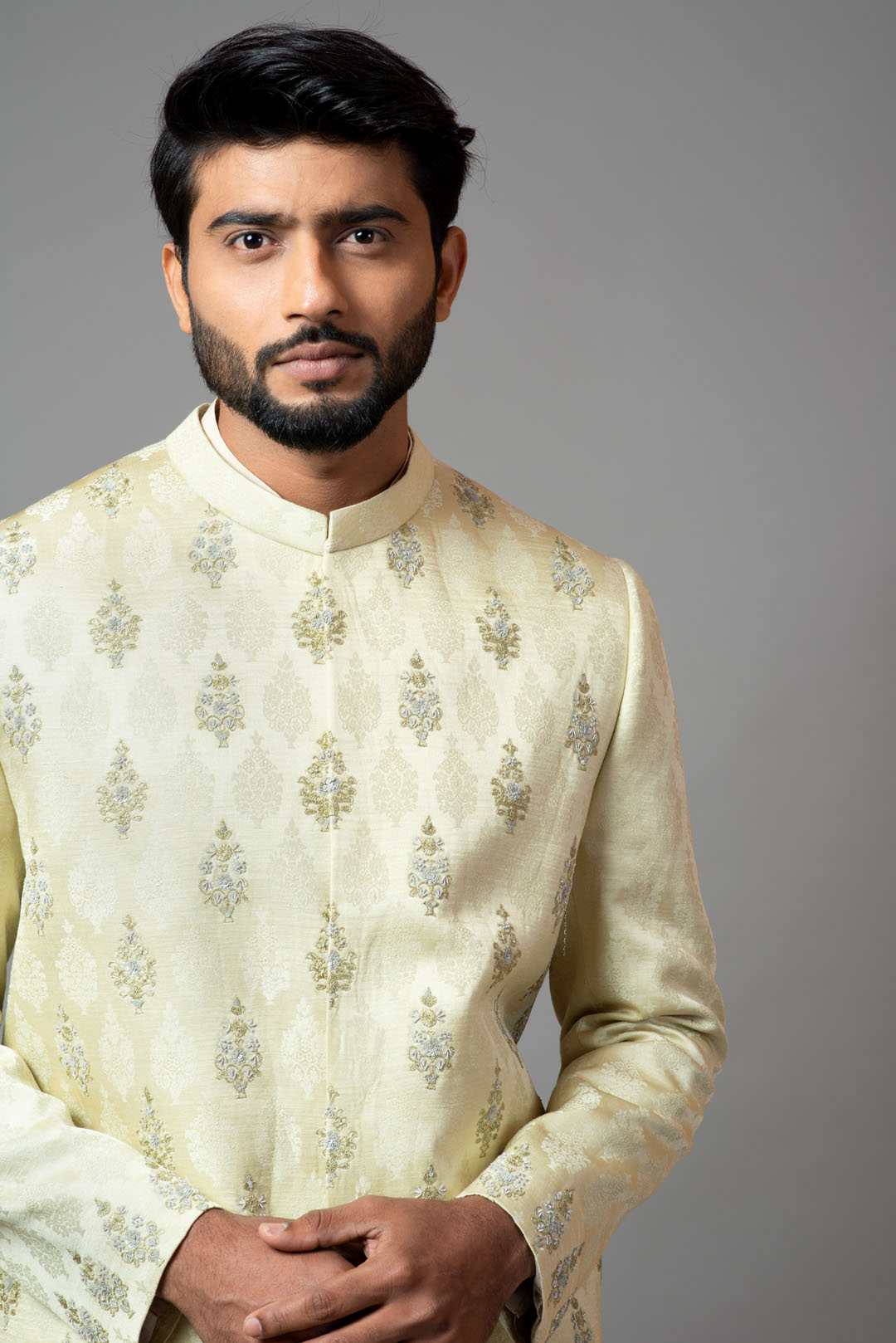 Self textured embroidered sherwani