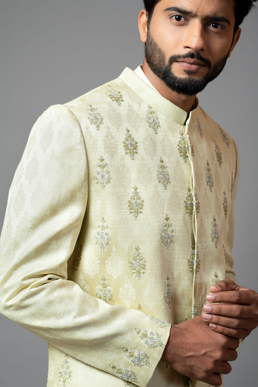 Self textured embroidered sherwani